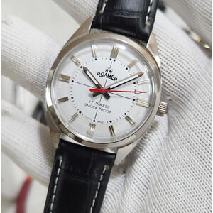 Vintage 1975 Roamer Manual Mens Silver Watch W/Leather Strap & White accents
